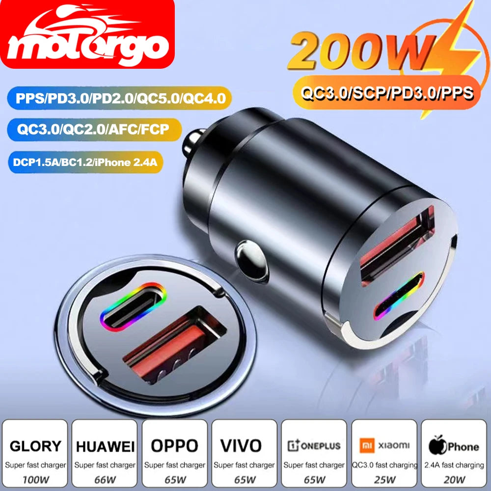 100W/200W Mini Lighter Fast Charging Car USB Type C Charger