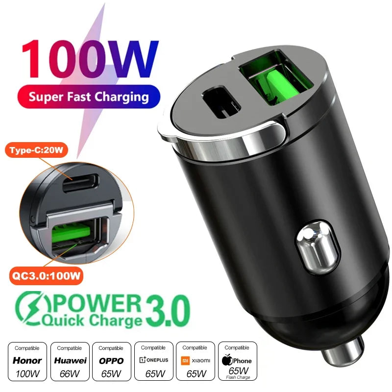 100W/200W Mini Lighter Fast Charging Car USB Type C Charger