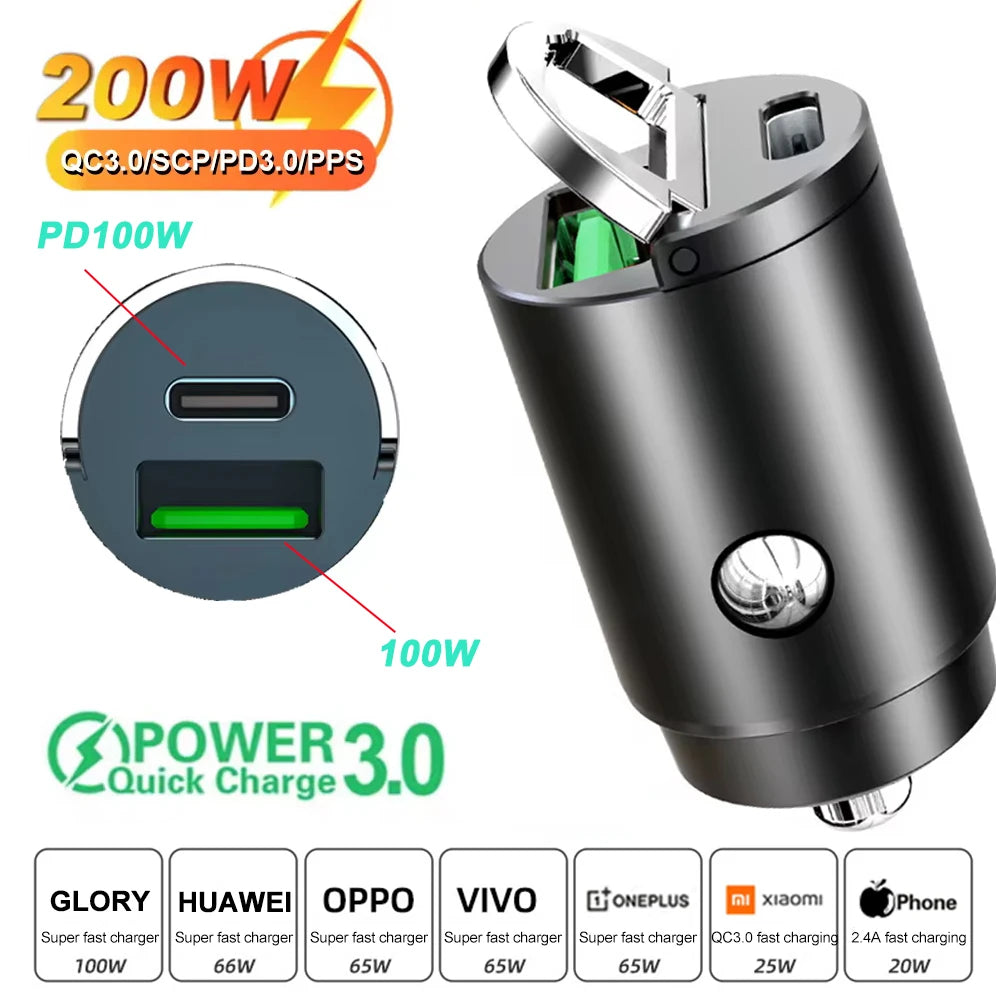 100W/200W Mini Lighter Fast Charging Car USB Type C Charger